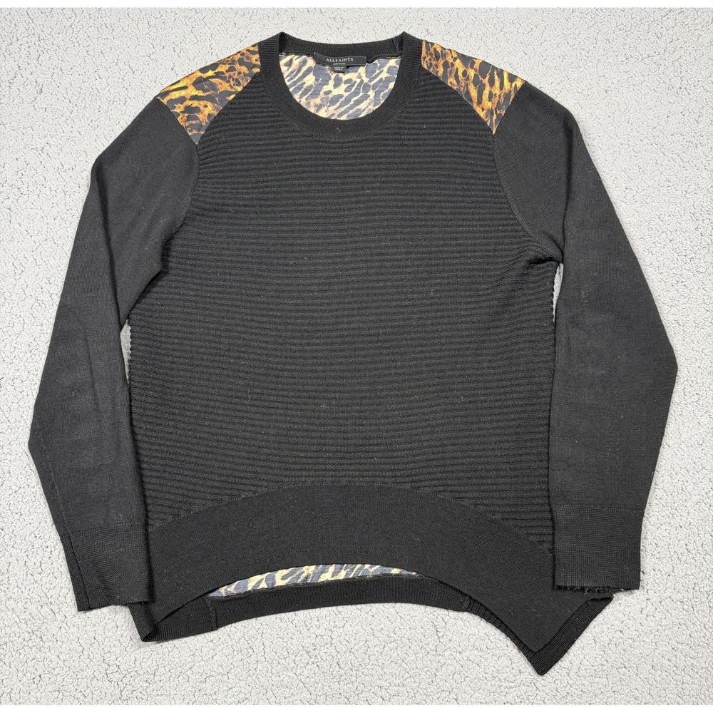 AllSaints Sweater Womens Medium Black Baya Ambient‎ Merino Wool Leopard Print